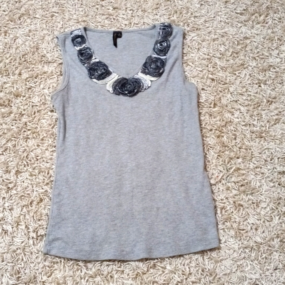 Womens Gray Vneck Tank Top Floral Neckline Ribbed Saint Lawrence Medium